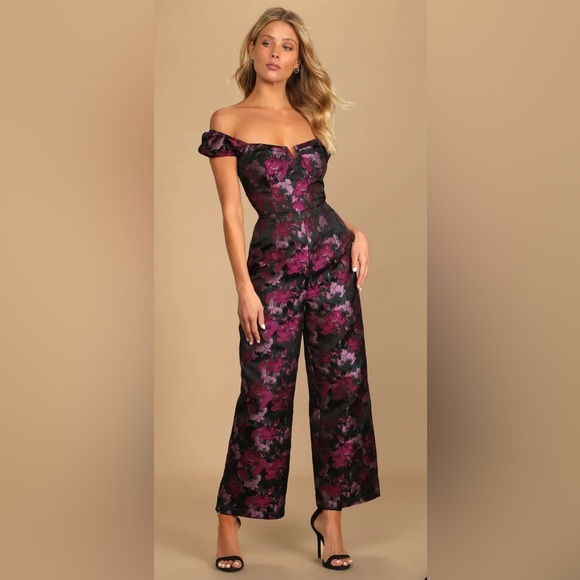 Lulus New Glam Black Floral Jacquard Bustier Off-the-Shoulder Jumpsuit Sz Large - Picture 4 of 14